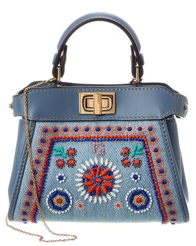 Fendi Nano Peekaboo Denim & Leather Clutch Women's Blue