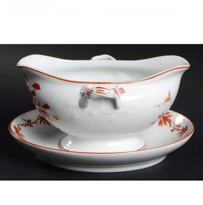 Vista Alegre Goa Red Asian Floral Gravy Boat & Under Plate Set Portugal 