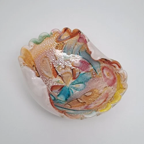 Vintage Murano Tutti Frutti Silver Aventurine Glass Bowl Freeform Scalloped MCM