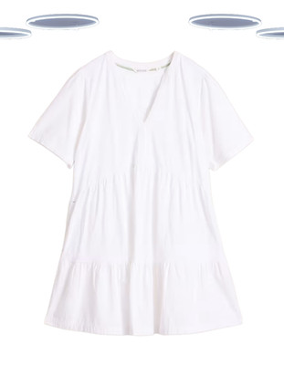 Ex White Stuff Damen Tunika Kleid - Mraia Stufen Kurzarm Jersey Weiß