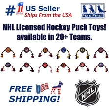 Pets First NHL Rubber Puck Toy for Dogs & Cats Tough Hockey Dog Toy with Rope