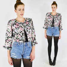 Vtg 80s 90s Y2K Grunge Black Pastel Pink Floral Print Crop Denim Jean Jacket S M