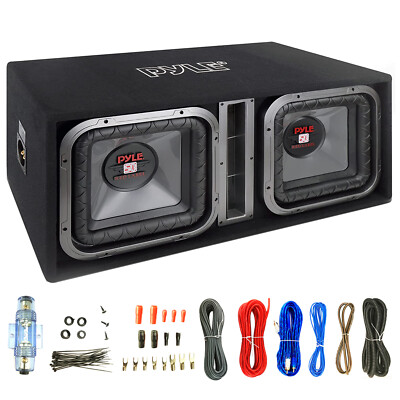 Pyle PLSQ212BS 12'' Dual Bass 2x1200W Vented Subwoofer Enclosure, Wiring Kit