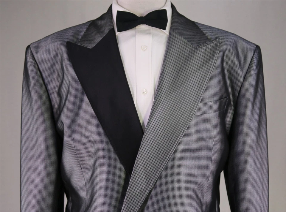 Sidohr Silver Check Silk Double Breasted Formal Masquerade Suit Handmade 44XL - Image 3 of 4