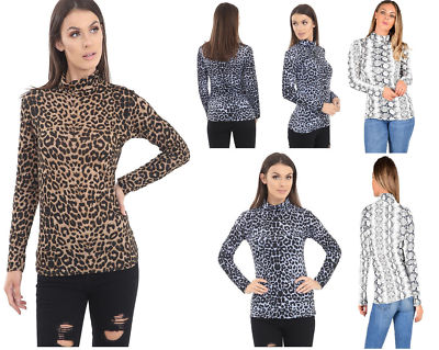 Neu Langarm-T-Shirt Leopardenmuster Rollkragen für Damen Oberteil UK 8 26