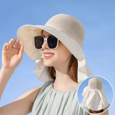H Summer Ladies Hat Breathable Mesh, Sun Hat with Neck Protection & Bow
