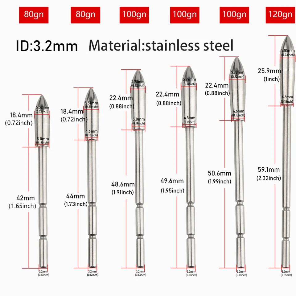 12X Archery Arrowhead 80-120gr Insert Point ID3.2 Arrow Shaft Bow Target Hunting - Image 3 of 4