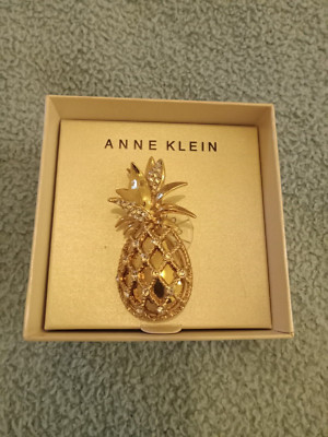 Anne Klein Brand Gold Tone Pineapple Clear Stones Brooch Pin New in Box