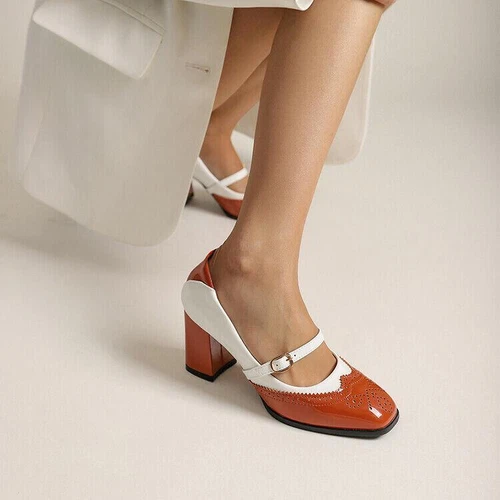 Scarpe decolte donna Mary Jane punta quadrata tacco grosso cinturino fibbia festa - Foto 3 di 21