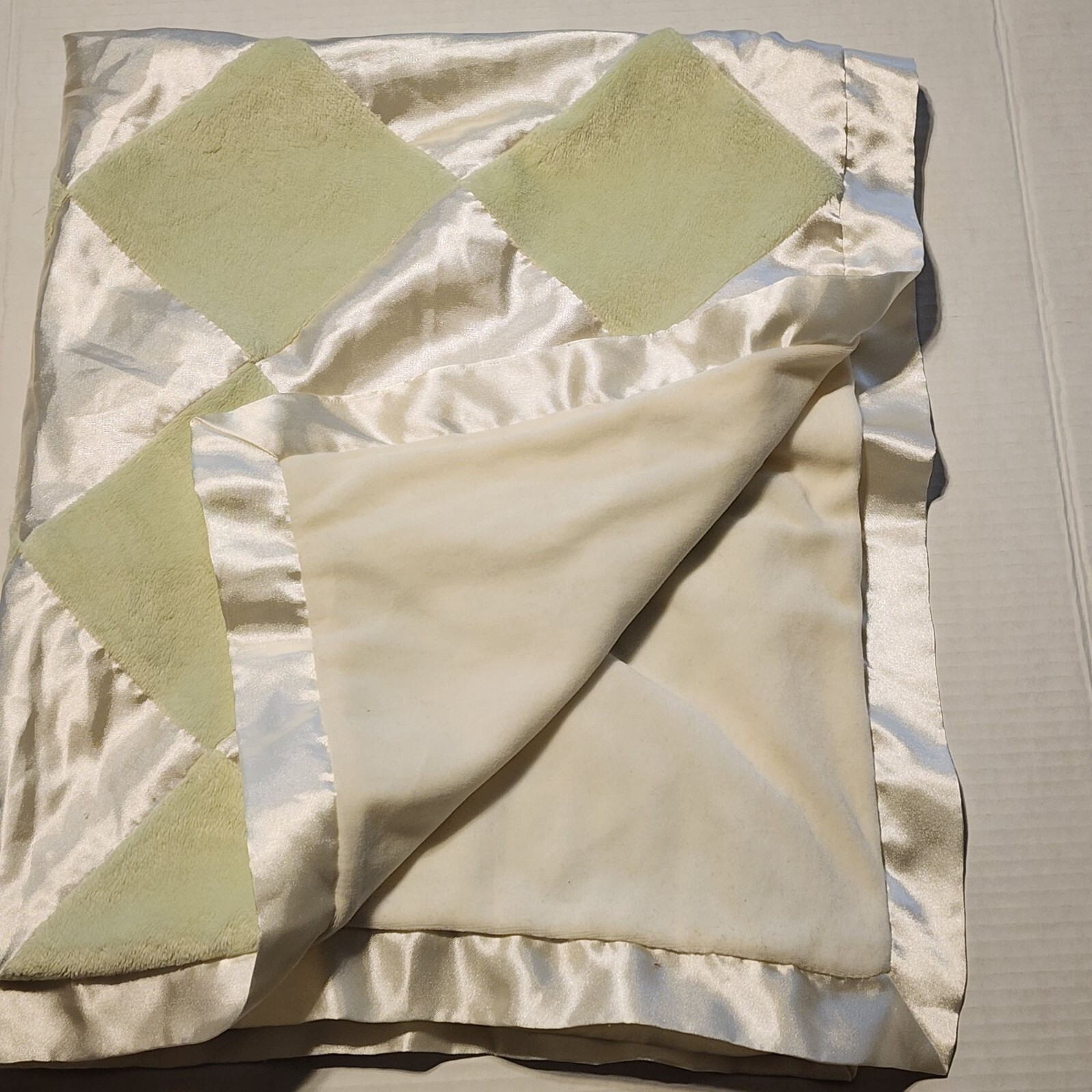 Cocalo baby blanket Green and ivory squares silky satin Unisex boy girl