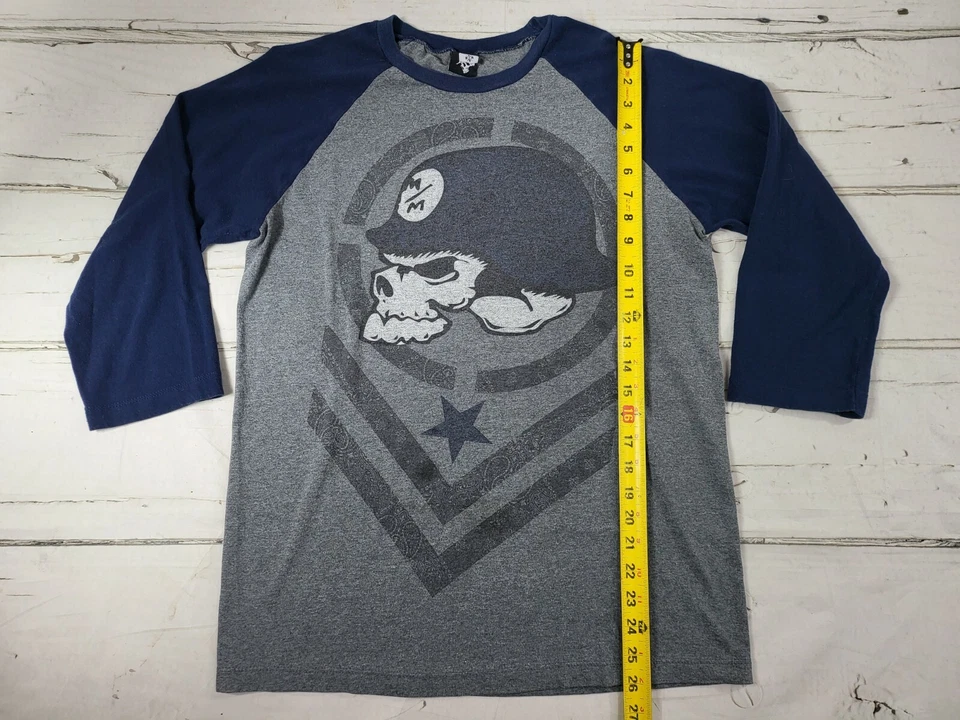 Camiseta De Colección Metal Mulisha Calavera Casco Gris/Azul Marino Manga 3/4 Para Hombre M Foto 4 de 4