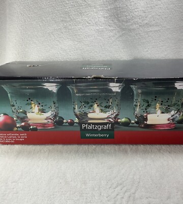 Pfaltzgraff Winterberry Glass Candle Votive Holder Set Hand Painted Holly Etched