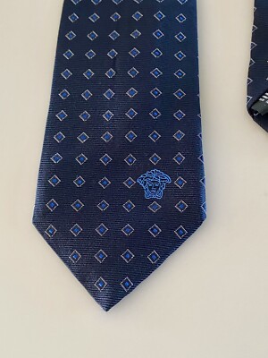 Versace Silk Tie w/ Medusa Logo Blue w/ Diamonds made in Italy