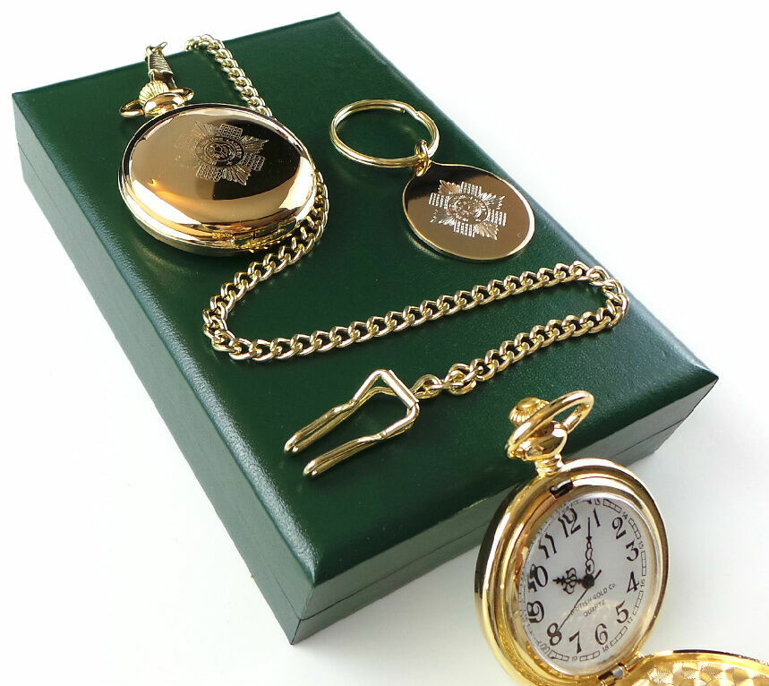 The Scots Guards Personalised Gold Army Pocket Watch and Keyring in Gift  Case