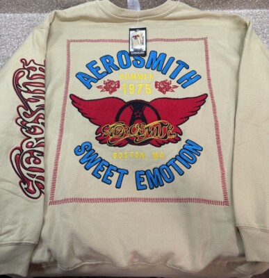 Aerosmith Summer 1975 Sweatshirt Large Ivory Front Back Embroidered Logo NEW