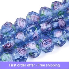 80pcs Flower Faceted Lampwork Glass Beads Handmade Pink Flower Beads Blue DIY