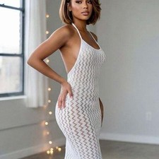 White Crochet Midi Dress with Halter Neck OS