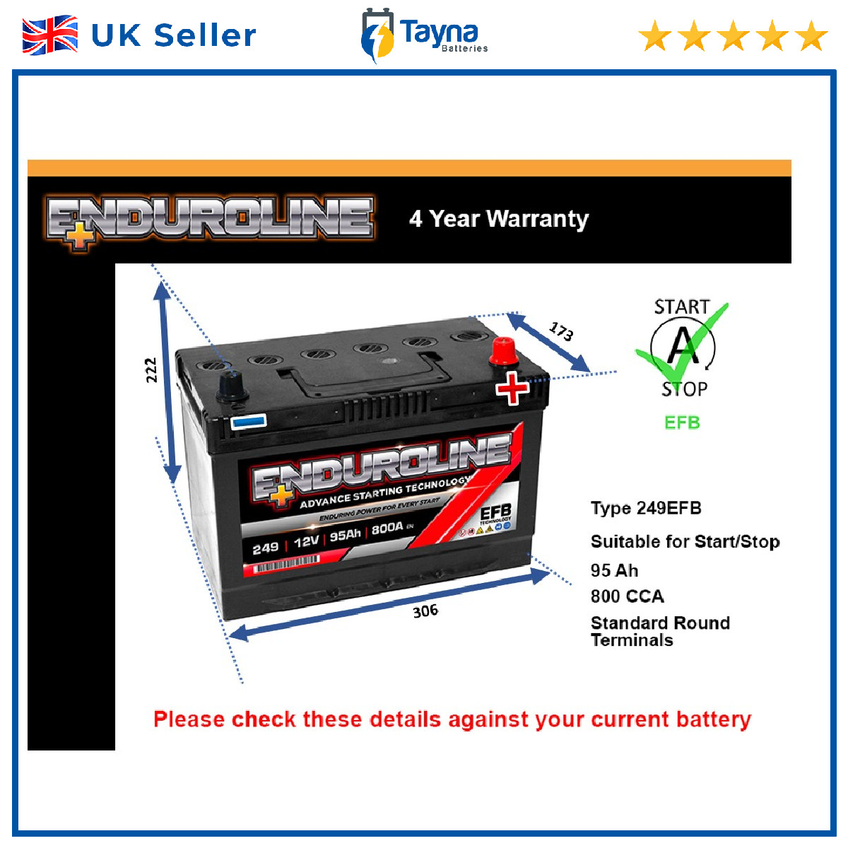 EFB Car Battery 249EFB Enduroline 249 800A 95Ah 4Yr WTY 306x173x222 Start Stop