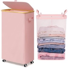 Slim Laundry Basket with Wheels and Lid, 75L Tall Laundry Hamper with Bamboo ...