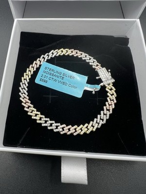 Tri-Gold Moissanite Cuban   Monaco  5mm Bracelet in Sterling Silver 7  Length