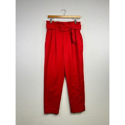 H&M Red Paperbag Waist Belted Pleated Cropped Pants US 6