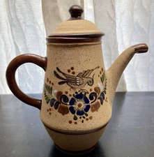 Vintage Tonal Netzi Mexican Pottery Coffee Teapot, Sandstone Clay, Hand Paint