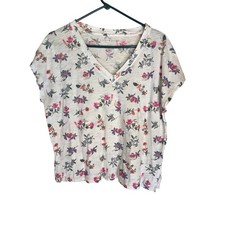 Lucky Brand Womens Floral V-Neck Slub Knit T-Shirt Pink Purple White Size M