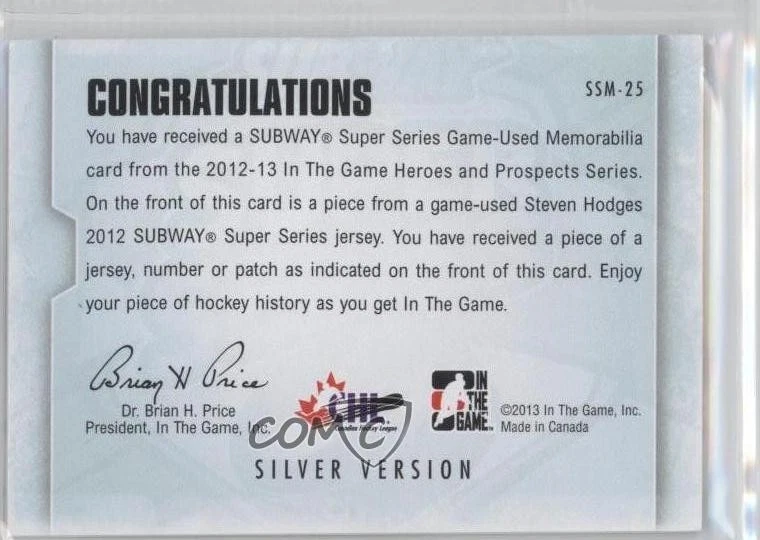 2012-13 ITG Heroes and Prospects Silver /10 Steven Hodges #SSM-25 Patch - Image 2 of 2