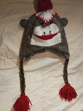 Sock Monkey Knit Earflap Hat Gray Red White with Red Pom-Poms Winter