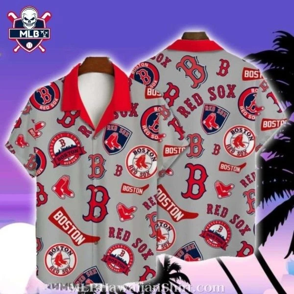 Boston Baseball Light Grey Logo-Infused Hawaiian Shirt , Gift for Fan