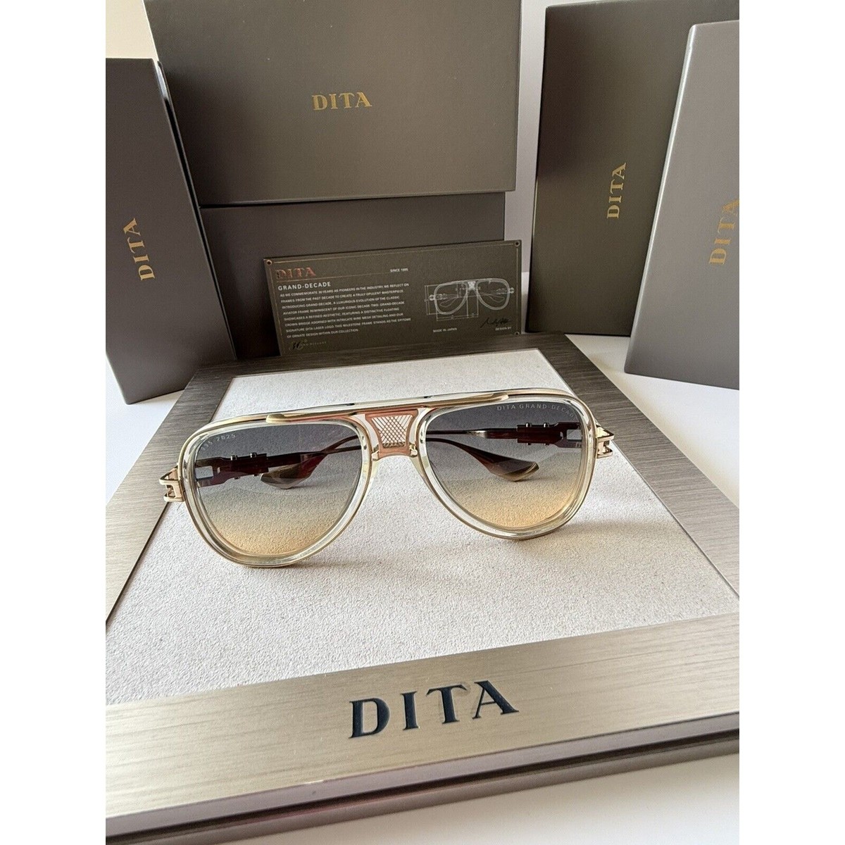 Lunettes De Soleil DITA Grand Decade – Cristal Blanc Dégradé Or, Style Aviateur, Neufes Avec étiquettes