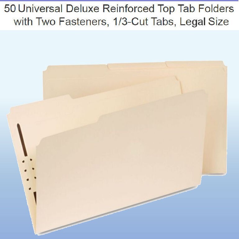 50 UNIVERSAL Legal Manila Fastener File Folders 1/3 Cut Tabs 9"x14½" #13520  NEW