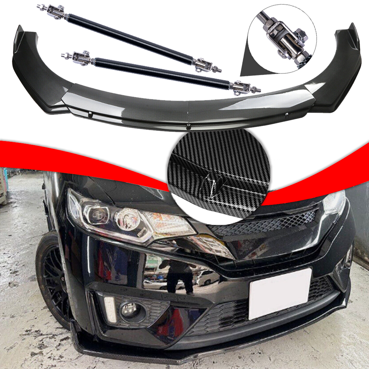 For Honda Fit 2006-20 Carbon Fiber Style Front Bumper Lip /Spoiler Strut Rods