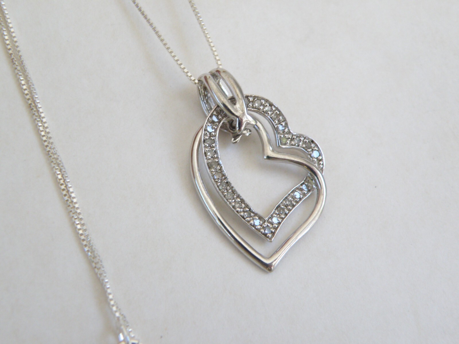 Vintage Sterling Silver Double Heart Diamond Pendant Necklace 18 Inch Chain