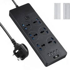 Universal Power Strip with UK Plug Power Strip with 6 AC Outlets and 4 USB Po...