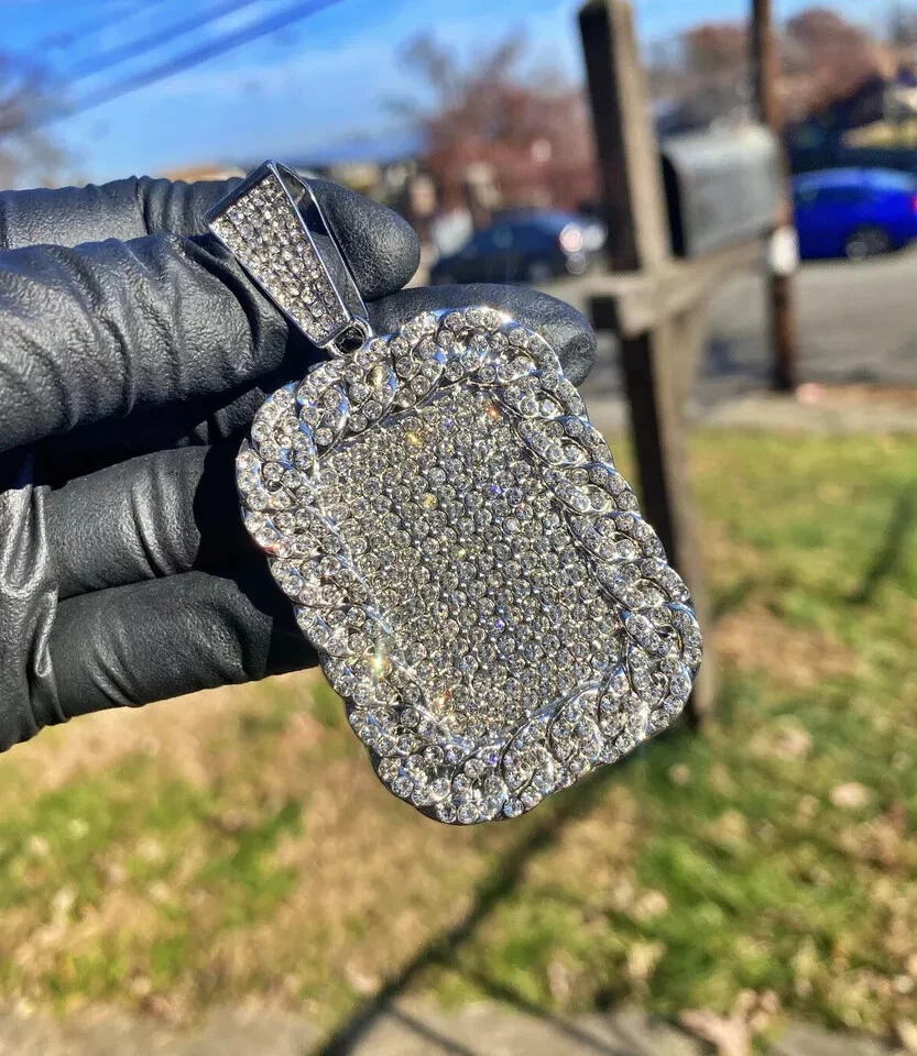 男式全冰闪亮狗牌吊坠不锈钢 14K 白金电镀 — 第 3/4 张图片