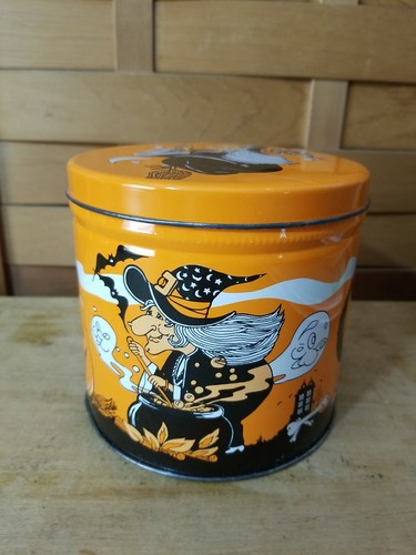 Halloween Witch Cat Lithograph Tin Storage Candy Container Black Orange