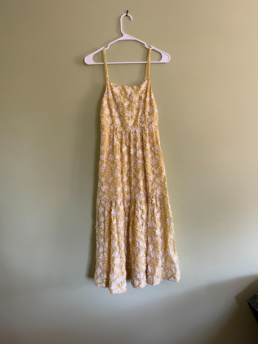 Anthropologie Maeve Rhonda Yellow White Daisy Floral Textured Midi Dress  Size 2