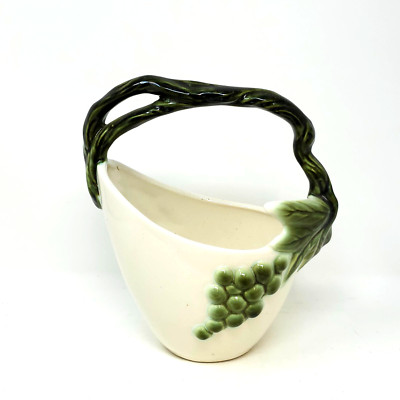 Hull Tokay Tuscany White Basket Green Grapes Vine Handle Pottery Ceramic Vintage
