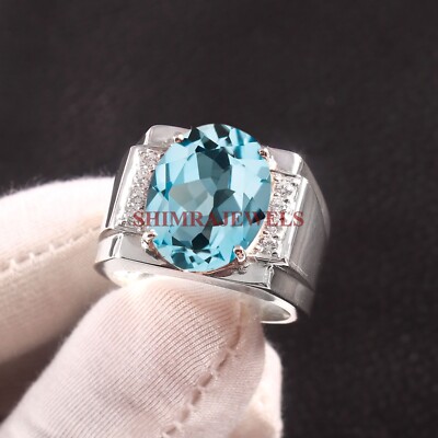 Natural Blue Topaz Gemstone With 14K White Gold Plated Silver Men's Ring #1306