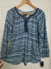 Women's Chaps Cotton BlueMulti IncrediblySoft  Pleated Crochet LooseFit Blouse M
