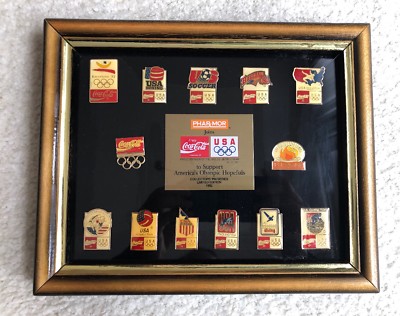 1992 Coca Cola Olympic Sports Pins Collection Ltd Edition PHARMOR Framed 12 Pins