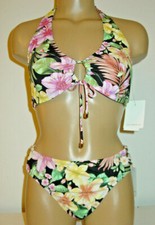 Gibson  Latimer Swimsuit Black Floral Bikini 2 pc Set Strappy Sides-M- 88. NEW