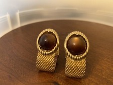 Swank Vintage Gold Tone Brown Cabochon Mesh Wrap Cuff links