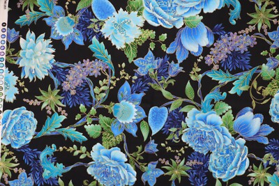 72 x 44'' Tree of Life by Timeless Treasures Hwang Fabric w/ Blue Flowers Toss