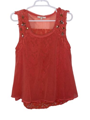Miss Me Woman's Coral Tank Top With Rhinestone Detail & Lace Underlay Size Small