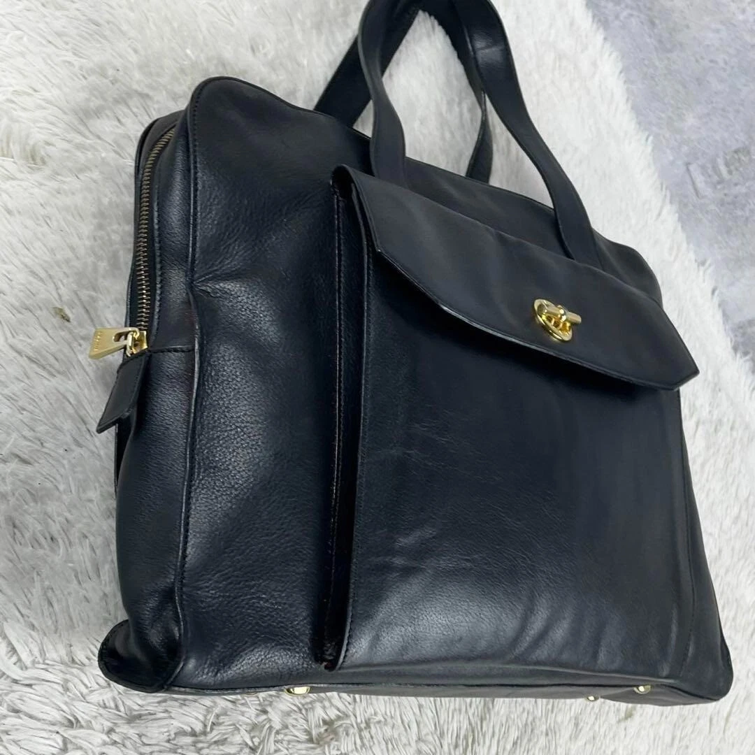 CELINE Borsa a mano Tote Bag Cerchio Logo Pelle Nero Vintage USATA Autore #S2098