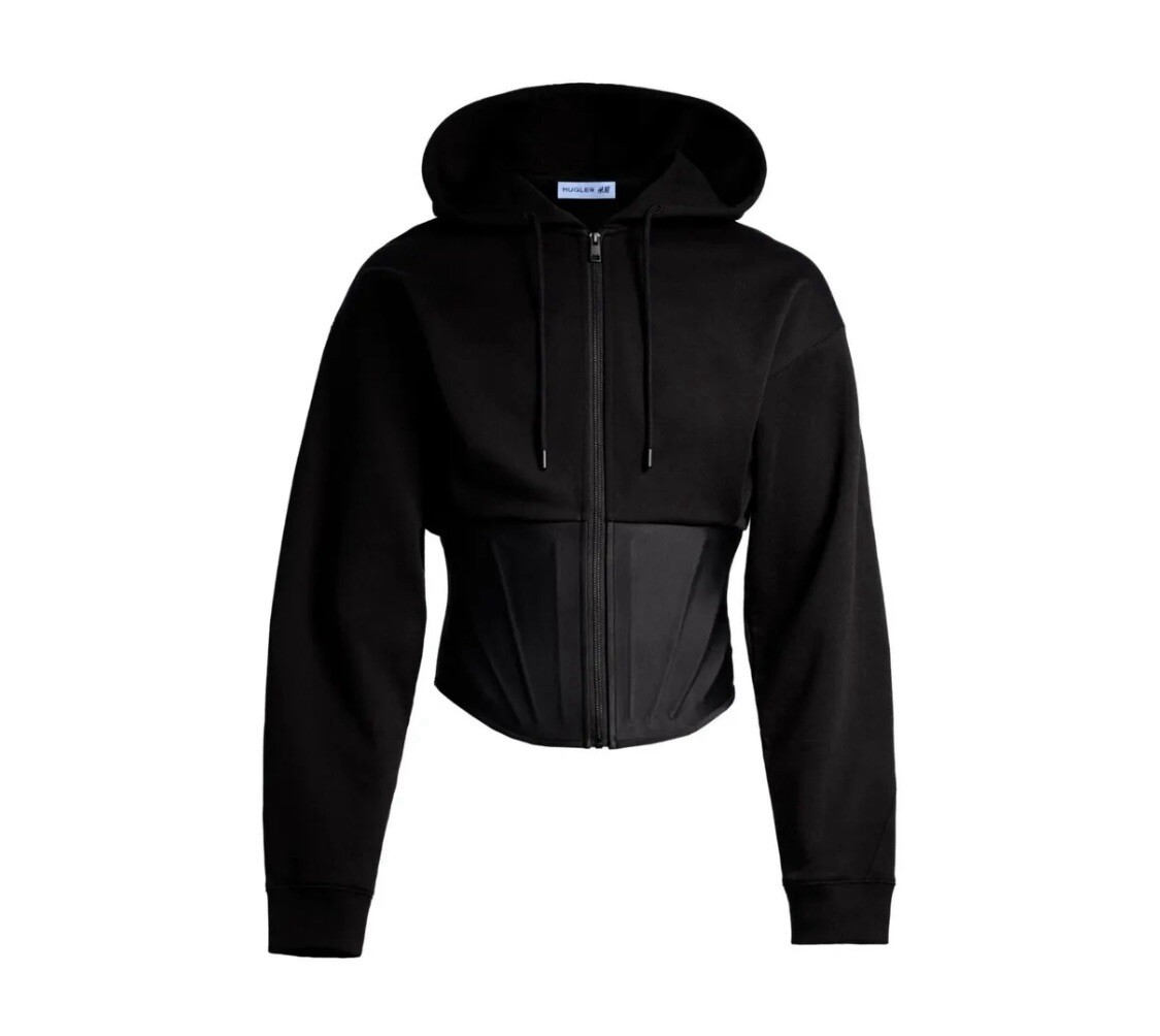 H&M x Mugler Mens Corset Waist Zip-Through Hoodie Black Size S
