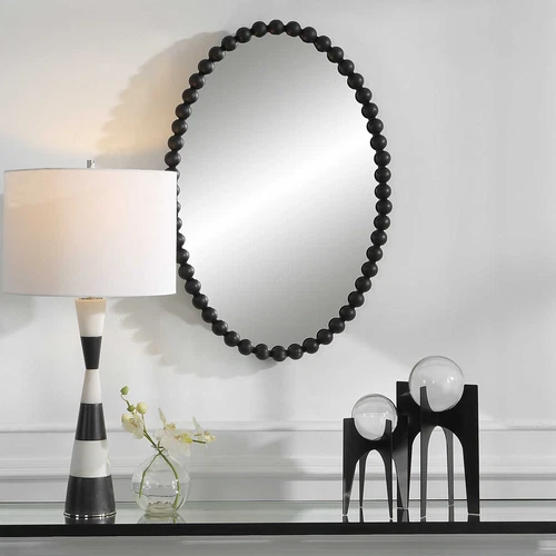 Serna Oval Wall Mirror Beaded Design Vanity Mirror Black Matte ~ Uttermost 09876 - Picture 2 of 5