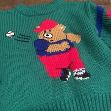 Vintage 90s Kid Class Club Polo Bear Sweater Small 3 4 Baseball Green Sweatshirt